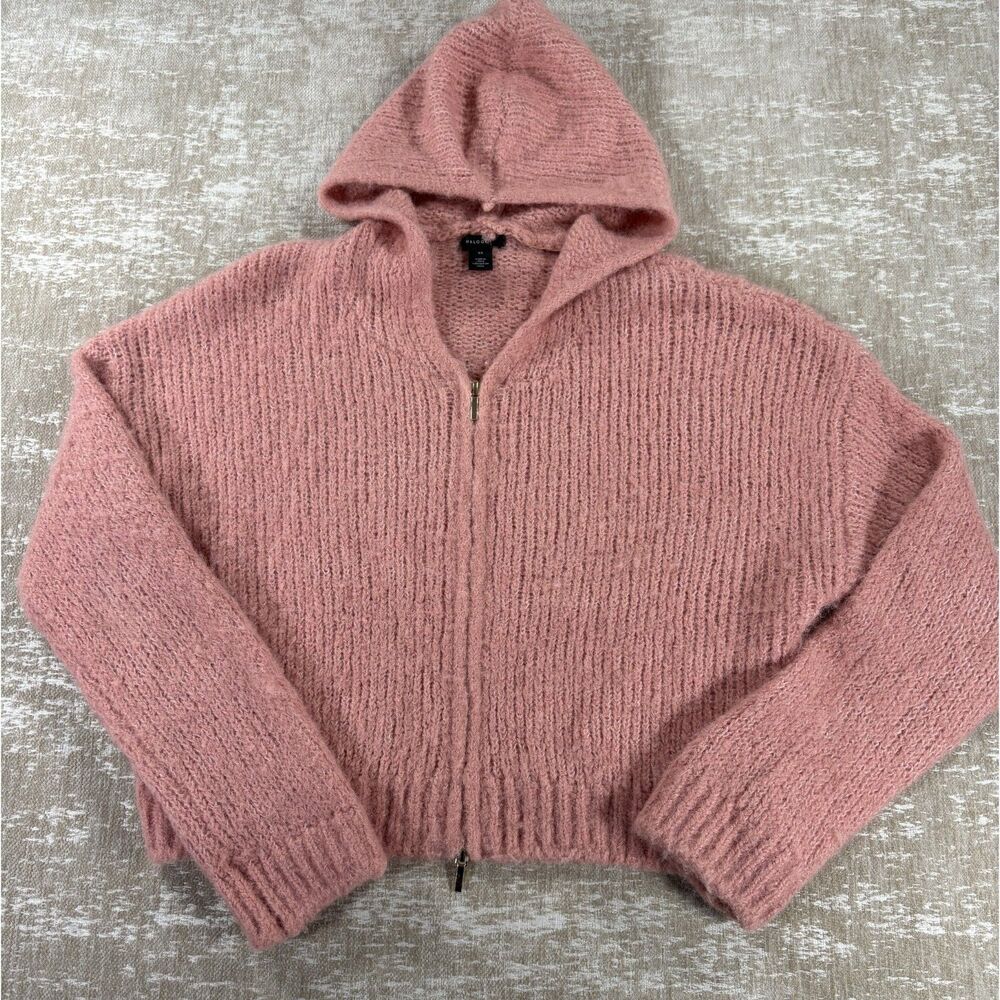 Halogen Two-Way Zip Ribbed Knit Cropped Hooded Sweater Pink Size XS